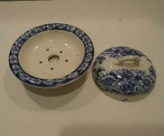 Antique Flow Blue 3 Piece Covered Soap Dish with Strainer 2
