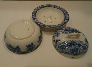 Antique Flow Blue 3 Piece Covered Soap Dish with Strainer 3