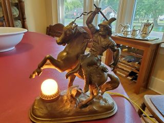 Vintage Antique Viking Warrier On Horse Night Light Lamp.  Cast Iron Bronze Color