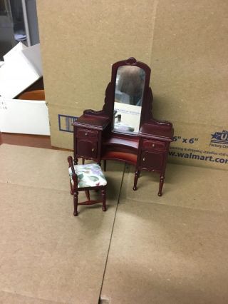 Vintage Miniature Dollhouse Make Up Table Mirror And Bench