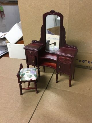 Vintage Miniature Dollhouse Make Up Table Mirror And Bench 2