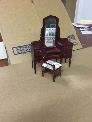 Vintage Miniature Dollhouse Make Up Table Mirror And Bench 3