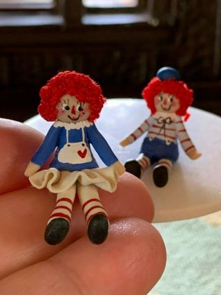 Artisan Miniature Dollhouse Vintage Sculpted Tiny Raggedy Anne & Andy 3/4 " Tall