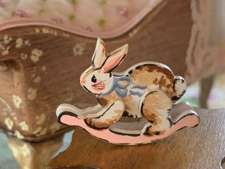 Vintage Miniature Dollhouse Karen Markland C1990 Rocking Bunny Rabbit Pink Blue