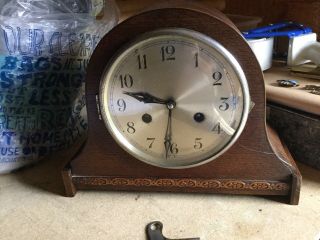 Vintage Wooden Mantle Clock With Pendulum & Key