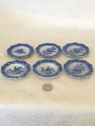 6 Miniature Antique Flow Blue Child’s Salad Plates Bird Motif