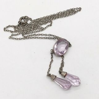 Antique Solid Sterling Silver Art Deco Tassle Drop Amethyst Pendant And Necklace