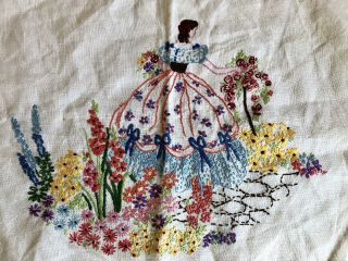 Vintage Hand Embroidered Tray Cloth Centre Piece Crinoline Lady & Flowers