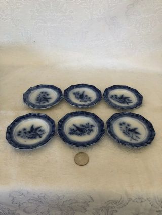 6 Miniature Antique Flow Blue Dinner Plates Bird Motif