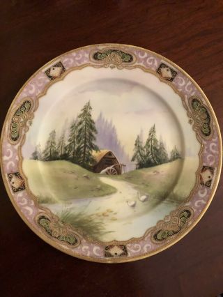 Antique Nippon Plate With Decorative Gold Rim,  Barn And Swans 8.  5 "
