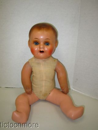 Antique Painted Composition Blue Glass Sleepy Eyes Teeth Posable Baby Doll