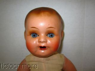 ANTIQUE PAINTED COMPOSITION BLUE GLASS SLEEPY EYES TEETH POSABLE BABY DOLL 2