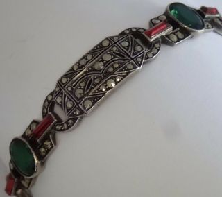 Antique Art Deco Germany Sterling Silver Marcasite Ruby Emerald Paste Bracelet