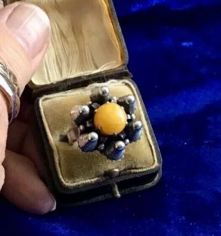 Stunning Antique Art Deco Solid Silver & Real Natural Baltic Amber Ring