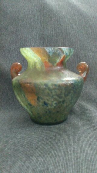 Antique Czech Bohemian Art Glass Chipped Chip Ice Multi Color Handled Vase