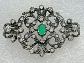Fine Antique French Silver Brooch With Rose Cut Diamonds & Emerald