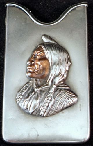 Antique Sterling Silver Card Case With Profile Of Native American Sitting Bull