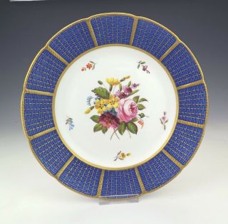 Antique Spode Porcelain Hand Painted Flowers Plate With Gilt & Blue Borders