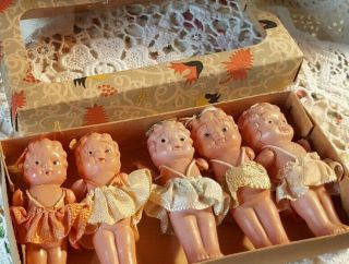 5 Tiny 2.  5 " Antique Celluloid Little Girl Dolls - In Orig.  Pkg.  - Japan,  1940 