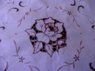Vintage Linen Table Cloth Hand Embroidered Madeira Work 40 " By 40 " - Roses