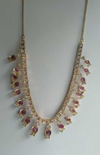 Quality Antique Victorian Silver Gilt Ruby And White Topaz Fringe Necklace