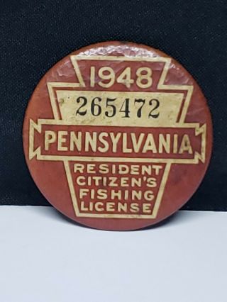 1948 PA Pennsylvania Resident Citizens Fishing License Badge Button 2