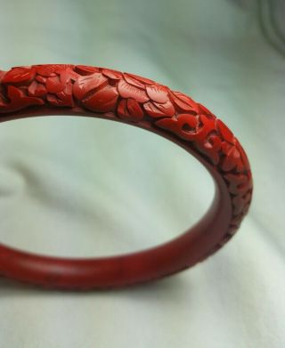Vintage Antique Red Cinnabar Deep Detailed Carved Flower Bangle Bracelet