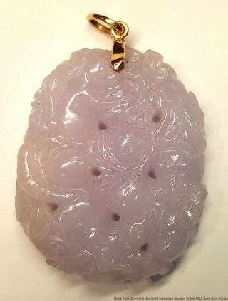 Vintage 14k Gold Antique Heavily Carved Lavender Chinese Jadeite Jade Pendant