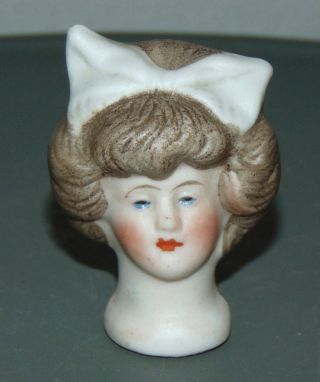 Antique Small Bisque Doll Head Character Girl With Bow