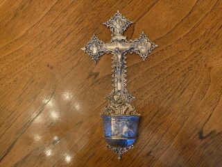 Large Spanish Sterling Silver 925 Gothic Style Cross Corpus Holy Water Font.