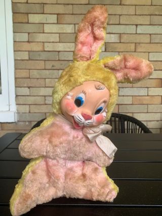 Vintage Rubber Face Rabbit Bunny Stuffed Animal Plush Pink Yellow 6