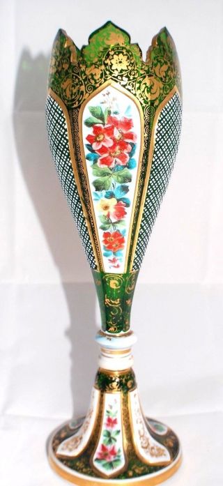 Antique Moser Harrach Bohemian Green Cut To Clear Enameled Glass Vase