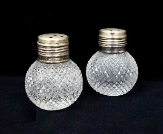 Pair Antique American Brilliant Period Cut Glass Silver Sp Salt & Pepper Shakers