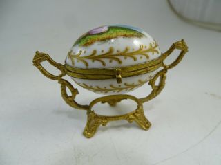 Antique Porcelain Egg Trinket Box Thimble Brass Hand Painted Limoges French Vtg