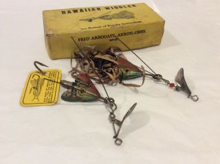 Two Vintage Fred Arbogast Hawaiian Wiggler Fishing Lures W 2 Pc Box