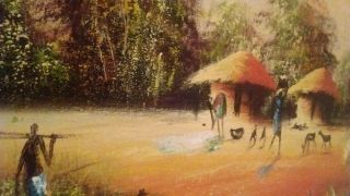 Vintage Large Signed Oil " African Village " Painting