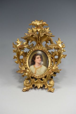 Miniature Portrait Painting On Porcelain Of Young Jesus Gilt Wood Frame