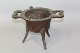 A RARE LATE 17TH C PILGRIM PERIOD CAST IRON FOOTED CHAFING POT TWO HEART HANDLES 3