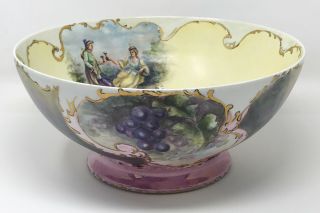 Antique 13 " J.  P.  Limoges Hand Painted Grapes Footed Punch Bowl Scm