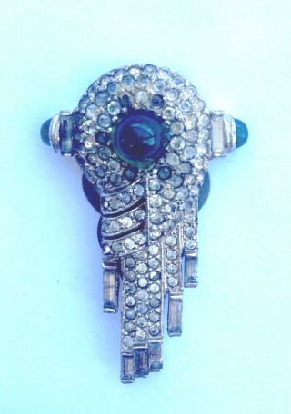 Vintage/antique Art Deco Rhinestone Dress Clip,  Clear With Green