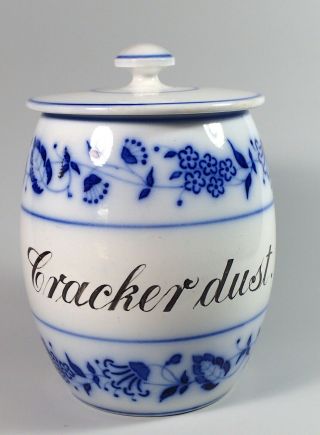 Lg German Flow Blue Porcelain " Cracker Dust " Onion Pattern Kitchen Spice Jar