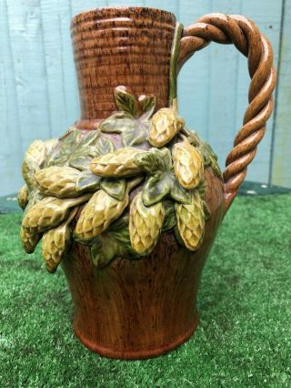 Antique Large Pottery Hop Vase With Intricate Decoration & Handle C1910s