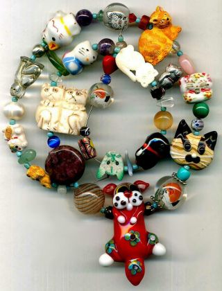 Cat Beads Global Variety Glass Ceramic Carved Horn Africa Lampwork Neko 19 " St