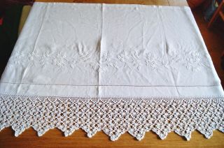 Antique Whitework Embroidered Linen Panel Originally Sheet Sham Crochet Lace S3