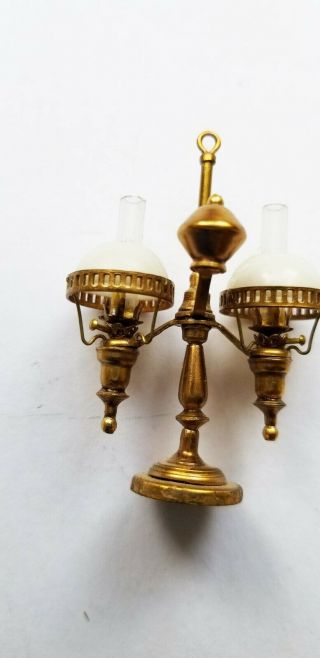 Vintage Delicate Peddler Shop Brass Student Lamp With White Shades 2 " Tall