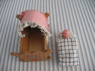 Vintage German Schildkrot Turtle Mark Small Baby Doll W/ Handmade Crib And