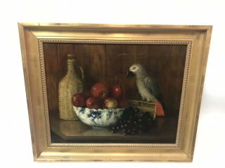 Antique Realist Kitchen Table Still Life Oil Painting With Apples And Parrot