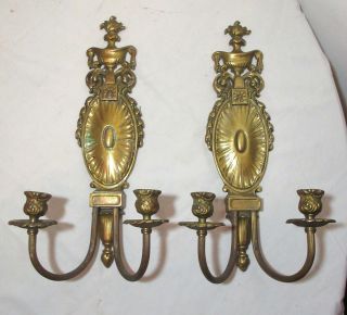 Pair Antique Ornate Empire Style Gilt Brass Candle Holder Wall Sconces Fixtures