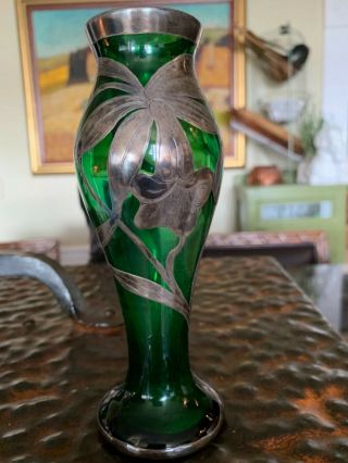 Art Nouveau Emerald Green Glass Vase Antique Sterling Silver Overlay