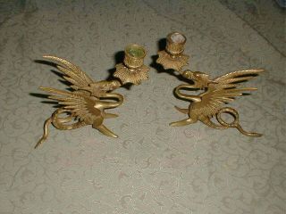 Antique Brass Mythical Winged Dragon Griffin Candle Holders Candlesticks